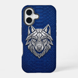 シルバー ジオメトリック ウルフ ブルー スネークスキン iPhone 16ケース