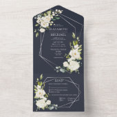 シルバー・ジオメトリック・ネイビーブルー・ホワイト・フラワーズ・ウェディング オールインワン招待状 (内側)