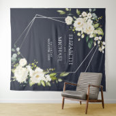 シルバー・ジオメトリック・ネイビーブルー・ホワイト・フラワーズ 結婚式 タペストリー (インサイチュ(横))