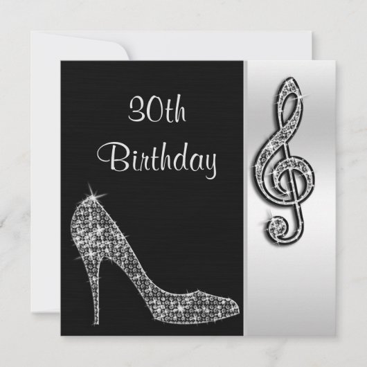 シルバー スティレットとト音記号の30歳の誕生日 招待状 (正面)