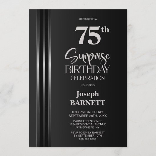 シルバー ストライプ ブラック グレー 75歳 サプライズ バースデー 招待状 (正面)