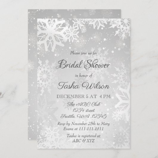 シルバー スノーフレーク ウィンター ブライダル シャワー 招待状 (正面/裏面)