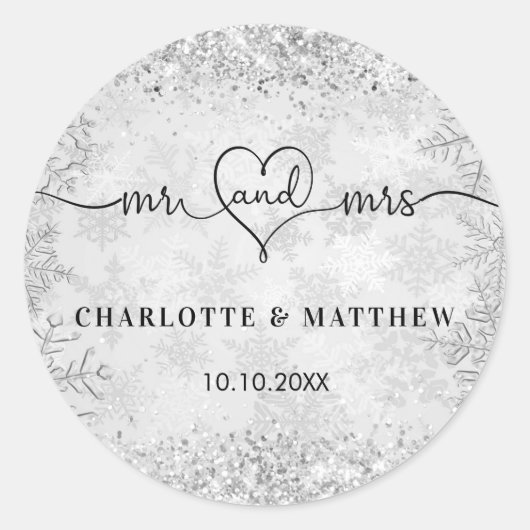 シルバー スノー ネーム カード Mr. Mrs. エレガントな冬のウェディング ラウンドシール (正面)