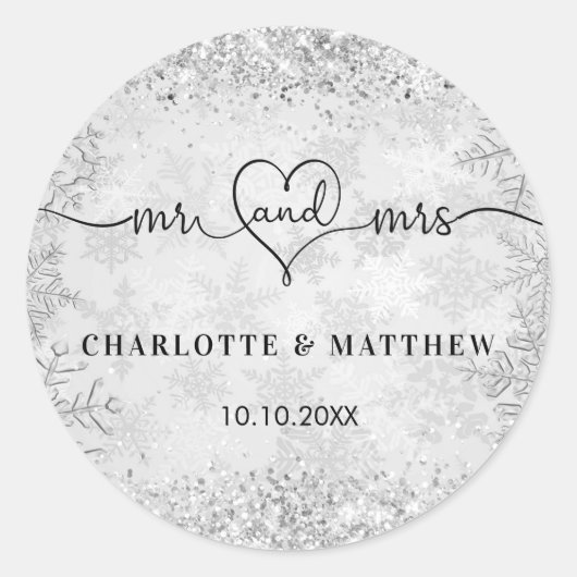 シルバー スノー 名前 ミスター ミセス エレガント ウィンター ウェディング ラウンドシール (正面)