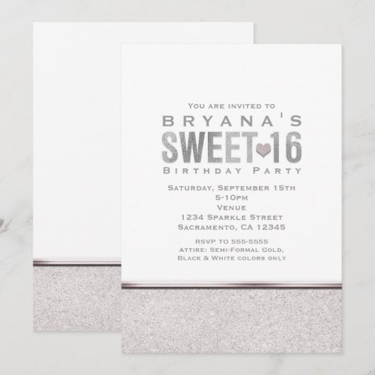 シルバー スパークル グラム パーティー 招待状 Sweet 16 (正面/裏面)