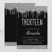 シルバー スパークル グリッター 13歳の誕生日 招待状 (正面/裏面)