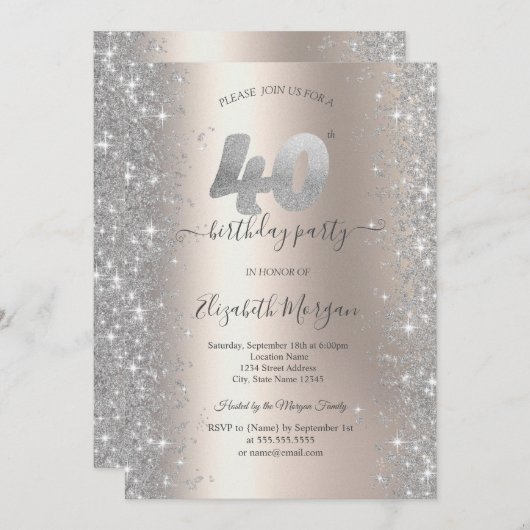 シルバー スパークル ダイヤモンド アイボリー 40歳の誕生日パーティー 招待状 (正面/裏面)