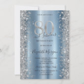 シルバー スパークル ダイヤモンド ブルー 80歳の誕生日 招待状 (正面)