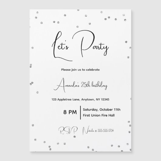 シルバー スパークル フルカスタマイズ パーティー マグネット招待状 (正面)