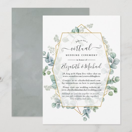 シルバー・セージ・ユーカリ・ジオメトリック・バーチャルウェディング 招待状 (正面/裏面)