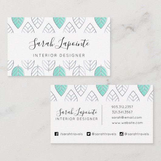 シルバー&ターコイズシック&リーフモダンパターン 名刺 (正面/裏面)