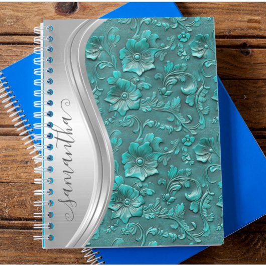 シルバー ターコイズ フェイク トゥールド レザー コウガール ノートブック