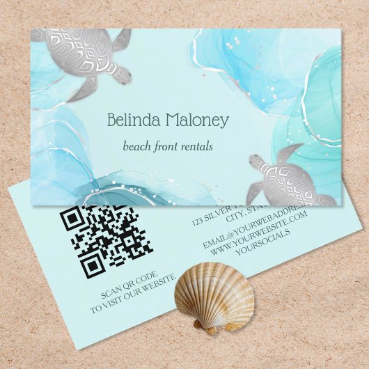 シルバー タートル ブルー インク 海岸 QR コード 名刺