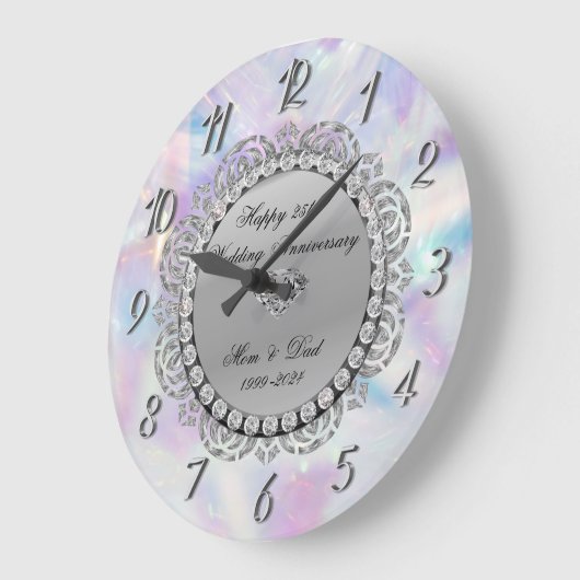 シルバー ダイヤモンド ホログラフィック 25周年結婚記念日 ラージ壁時計 (傾斜)