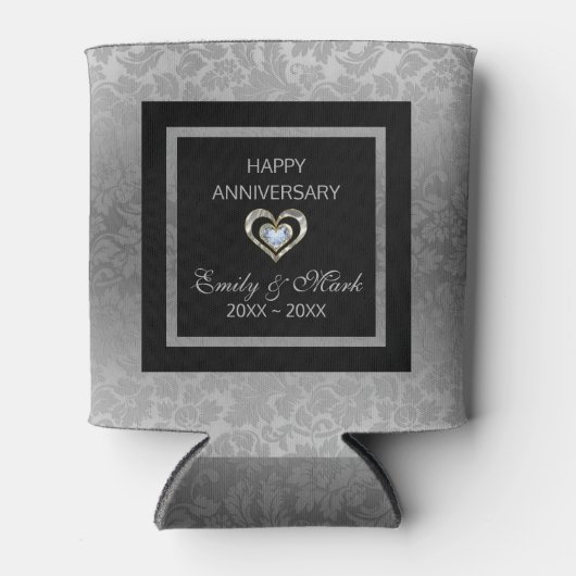 シルバー・ダマスクとハート結婚ズの記念日 缶クーラー (正面)