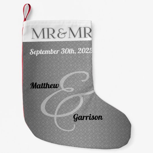 シルバー・ダマスク氏のゲイ結婚の名前 スモールクリスマスストッキング (正面)