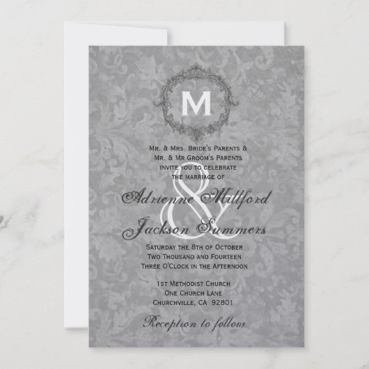 シルバー·ダマスク·ヴィンテージ·フレ結婚ームズ·メタリック 招待状 (正面)
