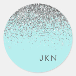 シルバー ティール アクアブルー グリッター モノグラム ラウンドシール