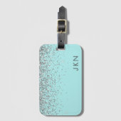 シルバー ティール アクア ブルー ガーリー グリッター モノグラム ラゲッジタグ (正面縦)