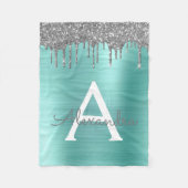 シルバー ティール グリッター ブラシ メタル モノグラム ネーム フリースブランケット (正面)