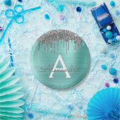 シルバー ティール グリッター ブラシ メタル モノグラム ネーム ペーパープレート (パーティー)