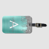 シルバー ティール グリッター ブラシ メタル モノグラム 名前 ラゲッジタグ (正面横)