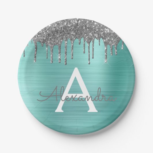 シルバー ティール グリッター ブラッシュ メタル モノグラム ネーム ペーパープレート (正面)