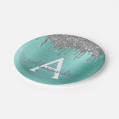 シルバー ティール グリッター ブラッシュ メタル モノグラム ネーム ペーパープレート (アングル)