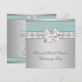 シルバー ティール ピンク 女の子 洗礼 招待状 (正面/裏面)