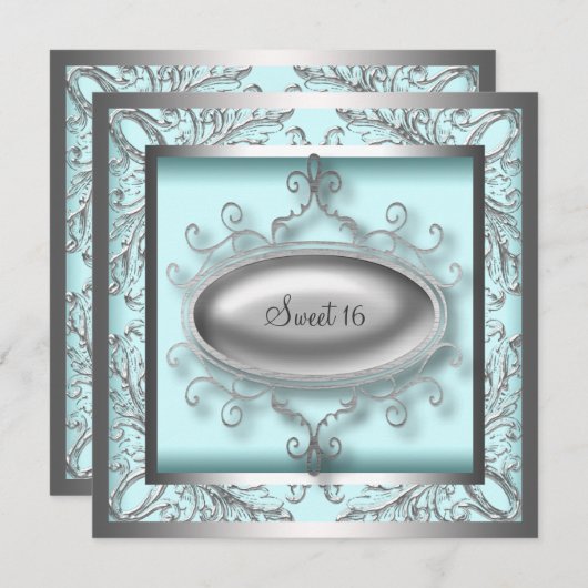 シルバー ティール ブルー スウィート16 バースデーパーティー 招待状 (正面/裏面)