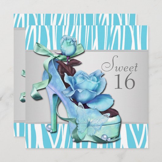 シルバー ティール ブルー ゼブラ スイート 16 バースデー パーティー 招待状 (正面/裏面)
