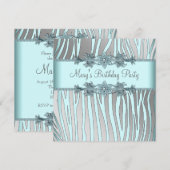 シルバー ティール ブルー ゼブラ 女性の誕生日パーティー 招待状 (正面/裏面)