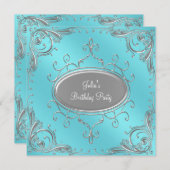 シルバー ティール ブルー 女性の誕生日パーティー 招待状 (正面/裏面)