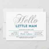 シルバー、ティール(緑がかった色) |タイポグラフィモダンボーイ赤ちゃんシャワー 招待状 (正面)
