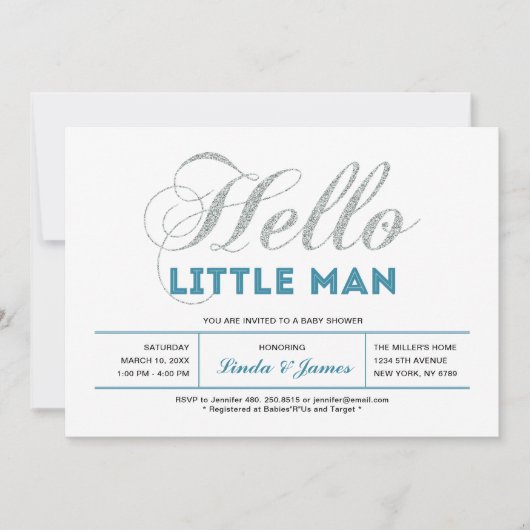シルバー、ティール（緑がかった色） |タイポグラフィモダンボーイ赤ちゃんシャワー 招待状 (正面)