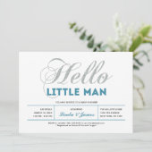 シルバー、ティール(緑がかった色) |タイポグラフィモダンボーイ赤ちゃんシャワー 招待状 (スタンド正面)