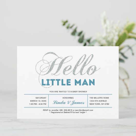 シルバー、ティール（緑がかった色） |タイポグラフィモダンボーイ赤ちゃんシャワー 招待状 (スタンド正面)