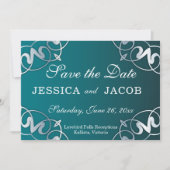 シルバー&ティール(緑がかった色)フィリグリー切り出しラグジュアリーフレーム結婚ズ セーブザデート (正面)