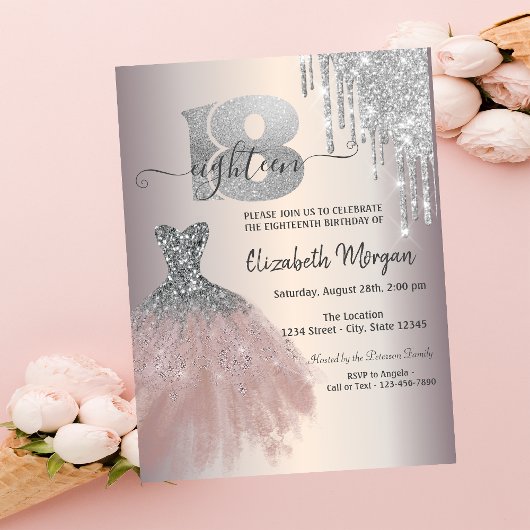 シルバー ドリップス グリッター シック ドレス 18歳の誕生日 招待状