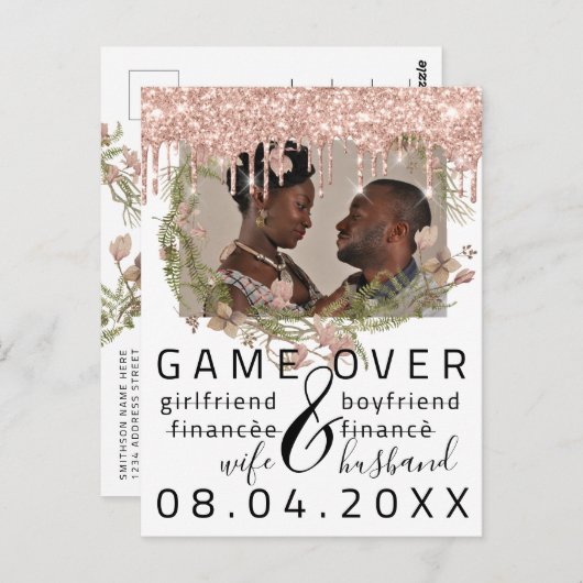 シルバー ドリップス ファニー セーブ ザ デート ホワイト フォト ポストカード (正面/裏面)