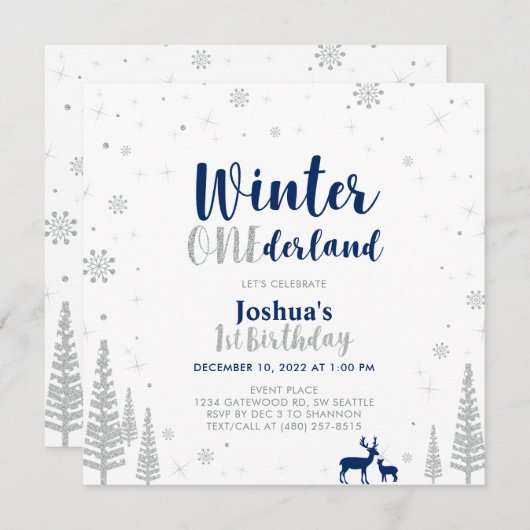 シルバー&ネイビーウィンターオネダーランド第1回誕生日 招待状 (正面/裏面)
