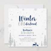 シルバー&ネイビーウィンターオネダーランド第1回誕生日 招待状 (正面)