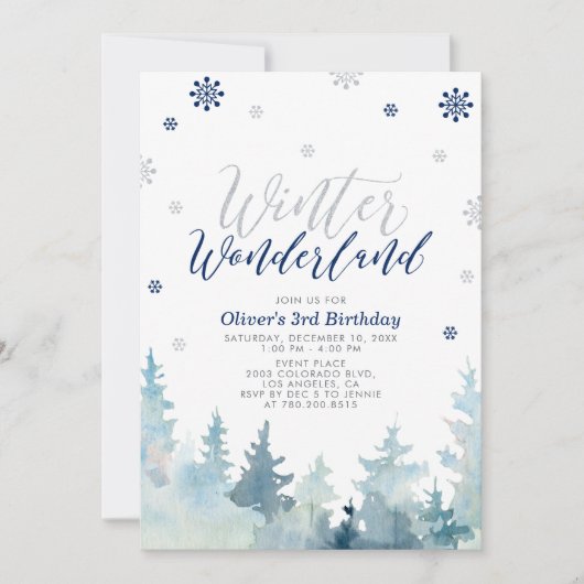シルバー&ネイビーウィンターワンダーランドボーイ誕生日パーティー 招待状 (正面)