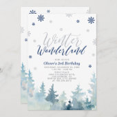 シルバー&ネイビーウィンターワンダーランドボーイ誕生日パーティー 招待状 (正面/裏面)
