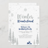 シルバー&ネイビーウィンターワンダーランドボーイ誕生日 招待状 (正面/裏面)