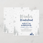 シルバー&ネイビーブルーウィンターワンダーランドボーイ誕生日 招待状 (正面/裏面)