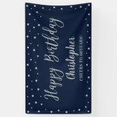 シルバー&ネイビーブルーハッピーバースデーパーティーバナー 横断幕 (縦)