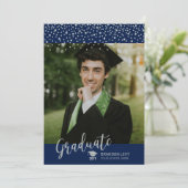 シルバー&ネイビーブルー紙吹雪写真卒業 案内状 (スタンド正面)