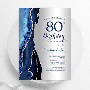 シルバー ネイビーブルー アゲート 80歳の誕生日 招待状