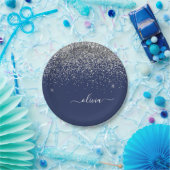 シルバー ネイビーブルー グリッター ガーリー モノグラム ネーム ペーパープレート (パーティー)